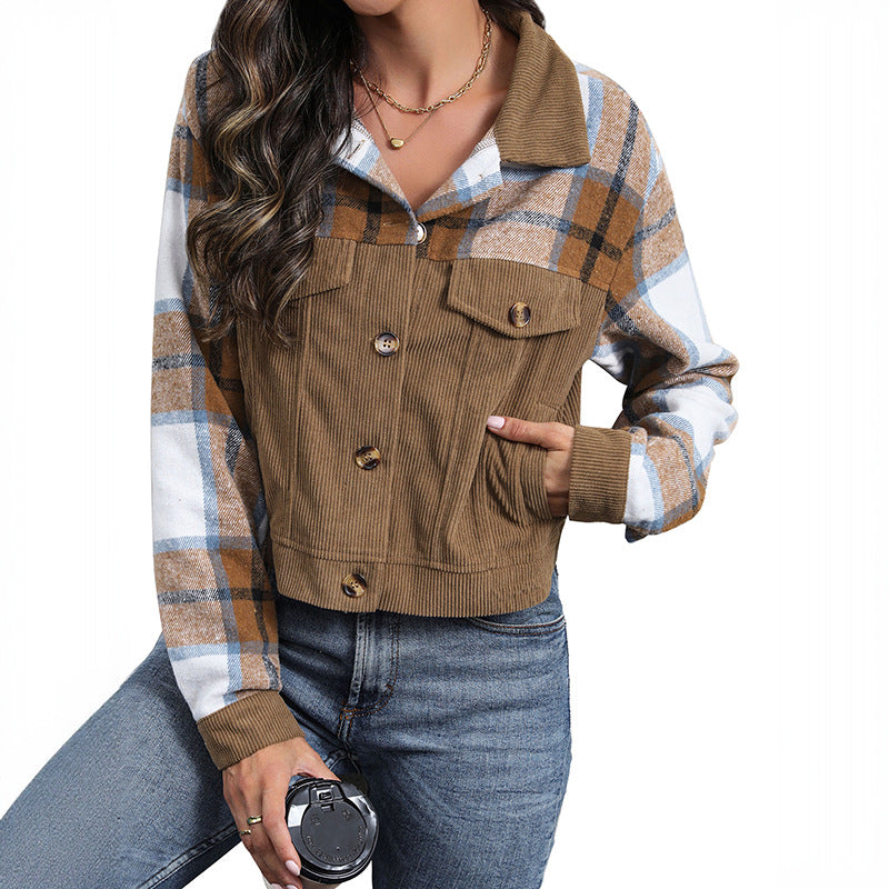 Damen Karottenjacke Kariert Cord Optik Braun