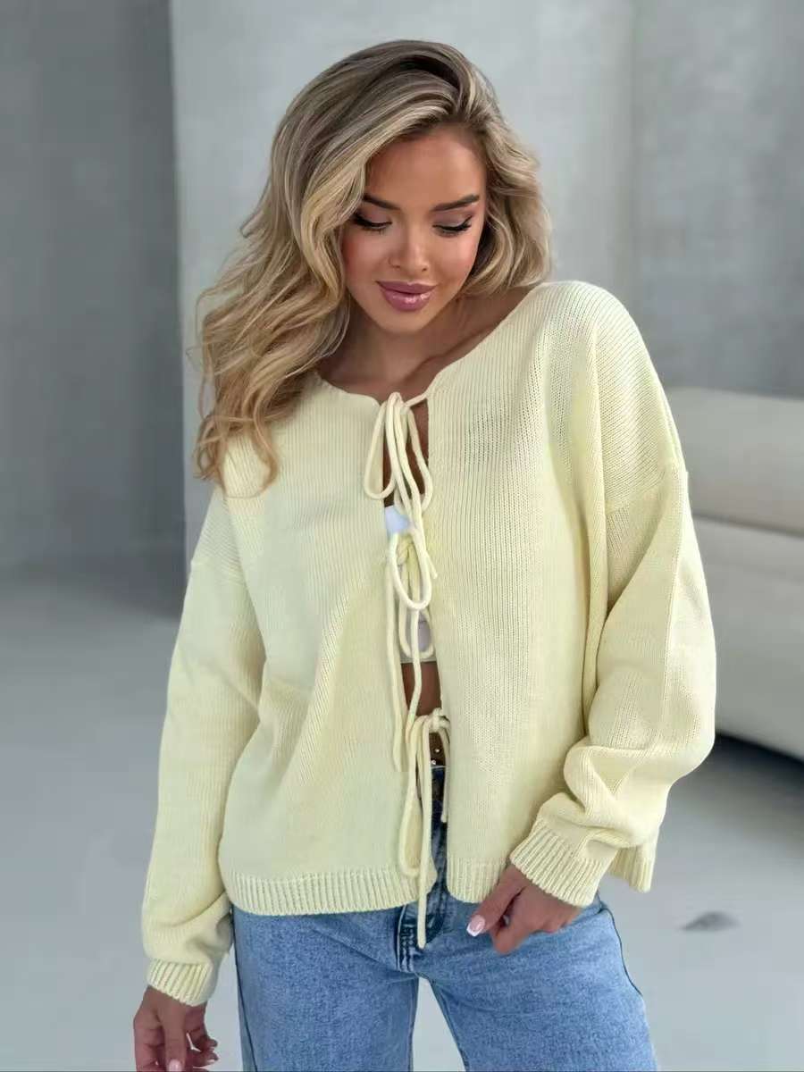 Damen Strickpullover Lässig Schnürdetails Beige