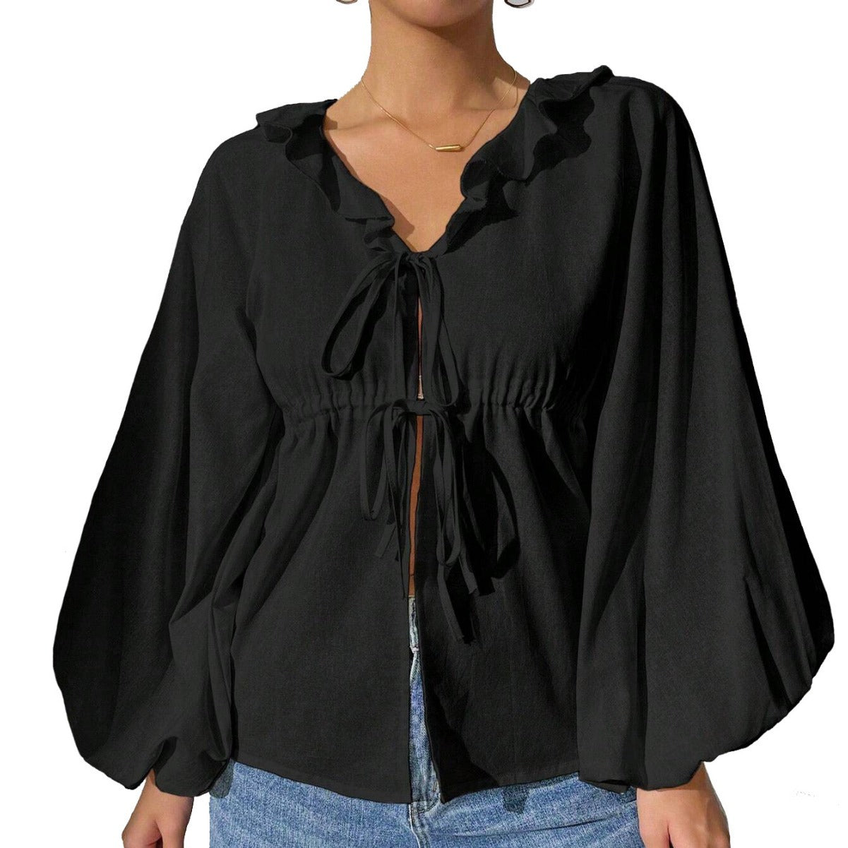 Damen Shirtjacke Bluse Ärmel Voluminös Rüschendetails Eveloria