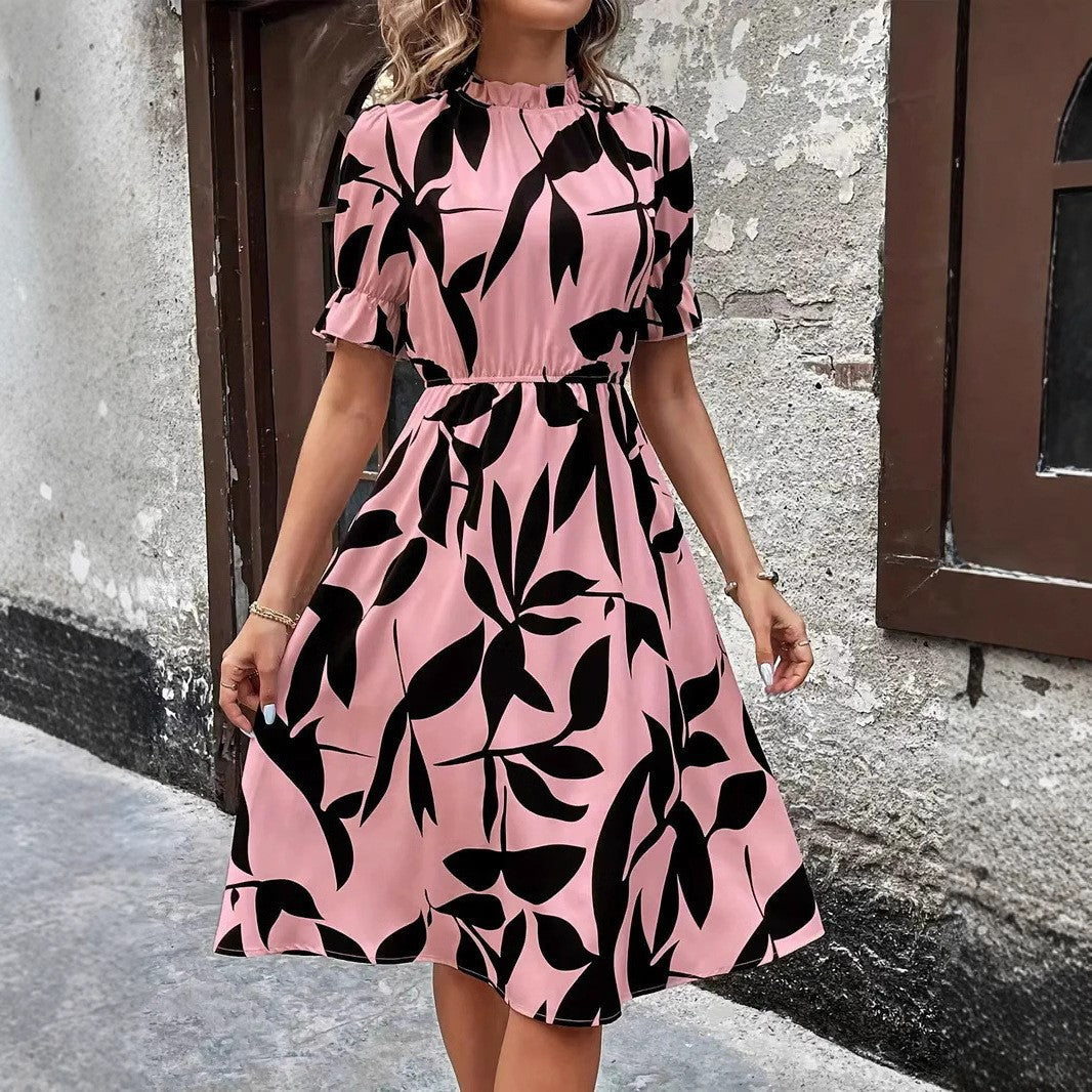 Damen Midi-Kleid Pflanzenmuster Gummizug Eveloria