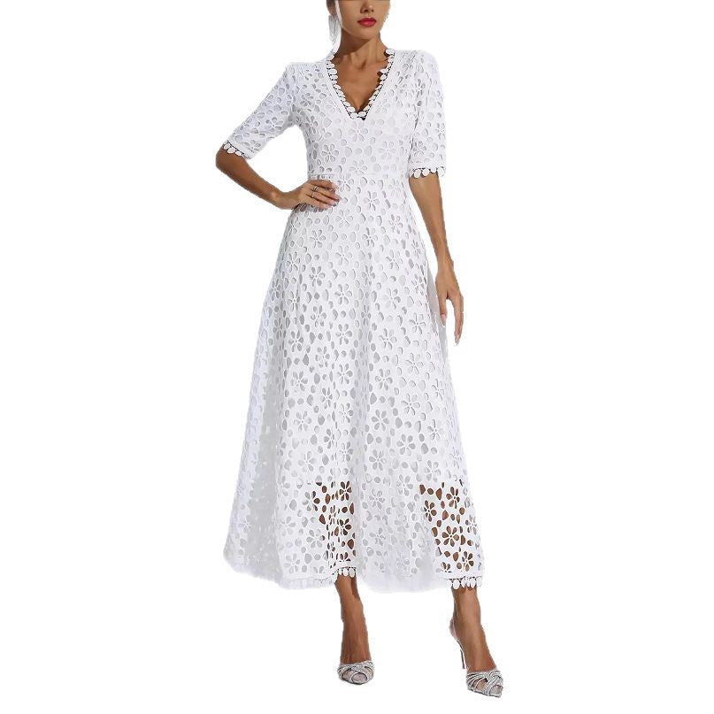Damen Midi Kleid Floral Stickerei V-Ausschnitt