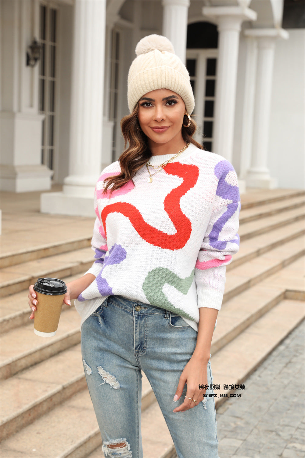 Damen Strickpullover Weiches Material Abstrakte Muster Eveloria