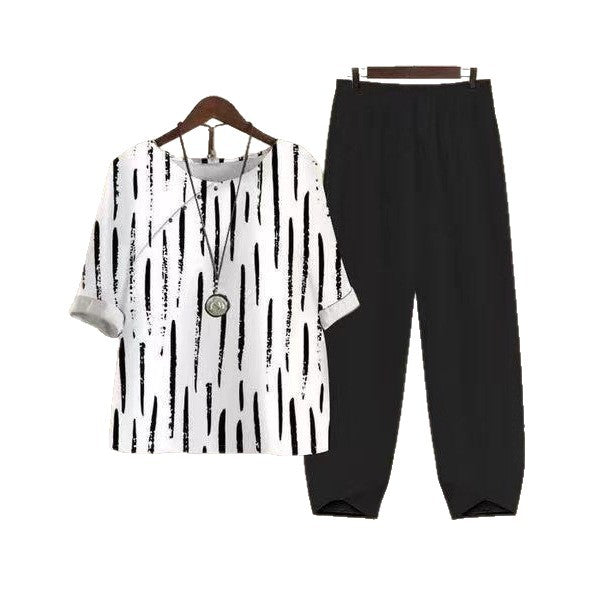Damen Freizeit Set mit Streifen Oberteil und bequemen Hosen