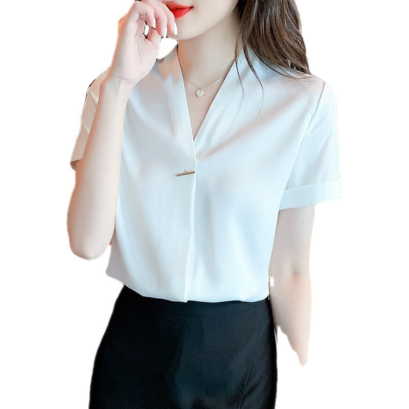 Damen Bluse V-Ausschnitt Knopfdetail Elegante Bluse Weiße Bluse