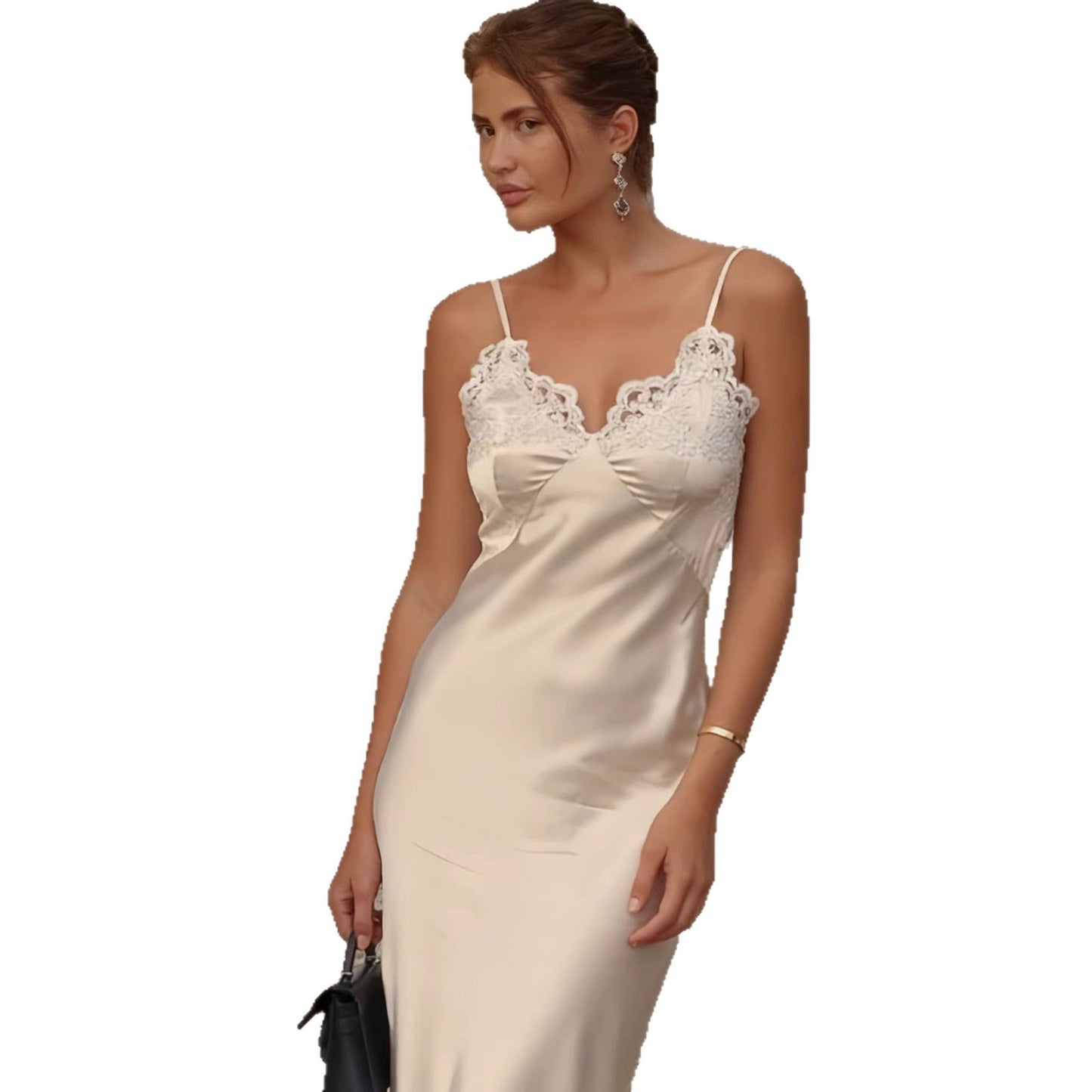 Damen Satin Maxikleid Spitzenbesatz schmal Eveloria
