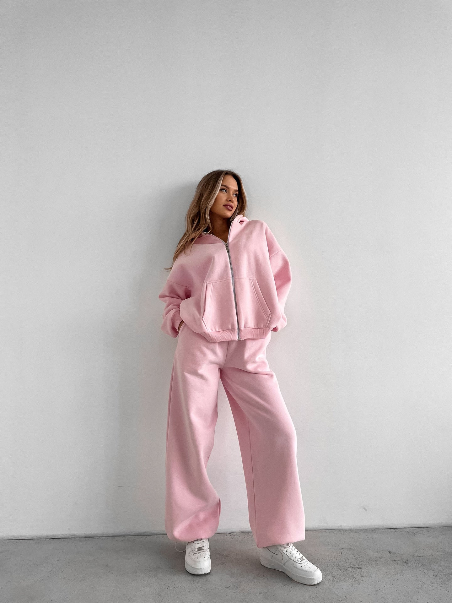 Damen Fleece-Jogginganzug Reißverschluss Weite Hose Eveloria
