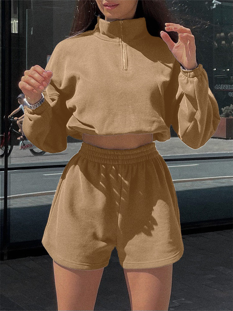 Damen Crop- Set Hochkragen Kürzere Hose Eveloria