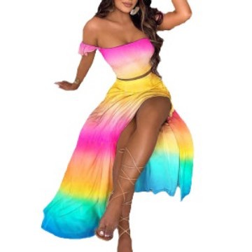Damen Maxikleid Schulterfrei Bunt
