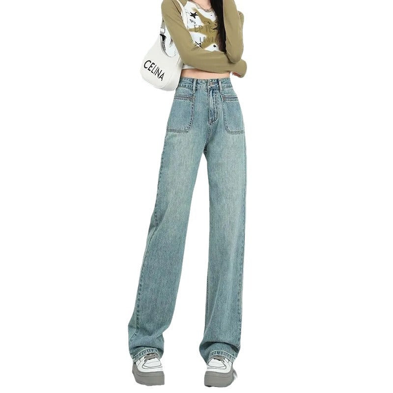 Damen Weite Denim-Hose Hohe Taschen Eveloria