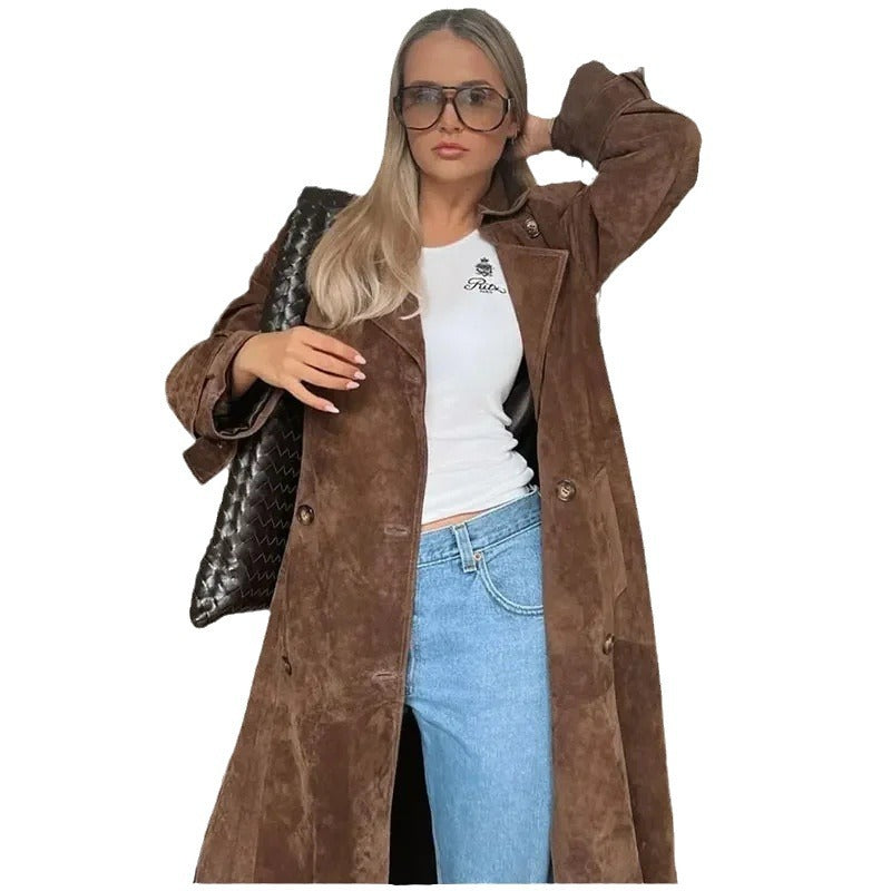 Damen Suede-Trenchcoat Eveloria Elegantes Design Braun