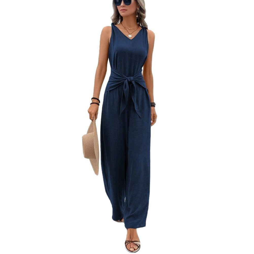 Damen Jumpsuit Gürteldetail V-Ausschnitt Eveloria