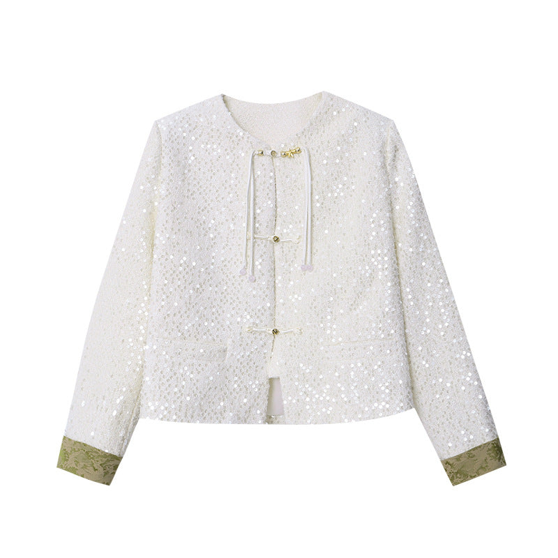Damen Bouclé-Jacke mit Pailletten und Kontrastärmeln Eveloria