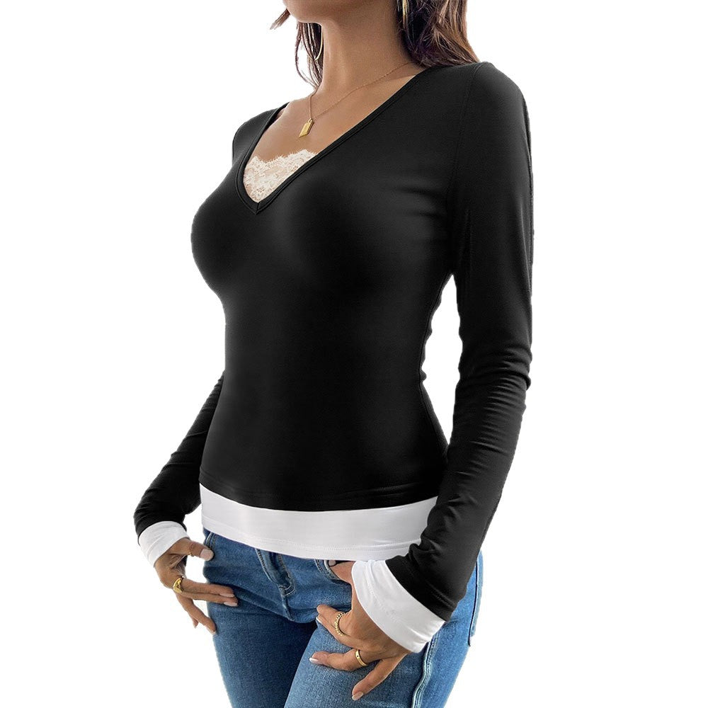Damen Langarmshirt V-Ausschnitt mit Untertop Eveloria