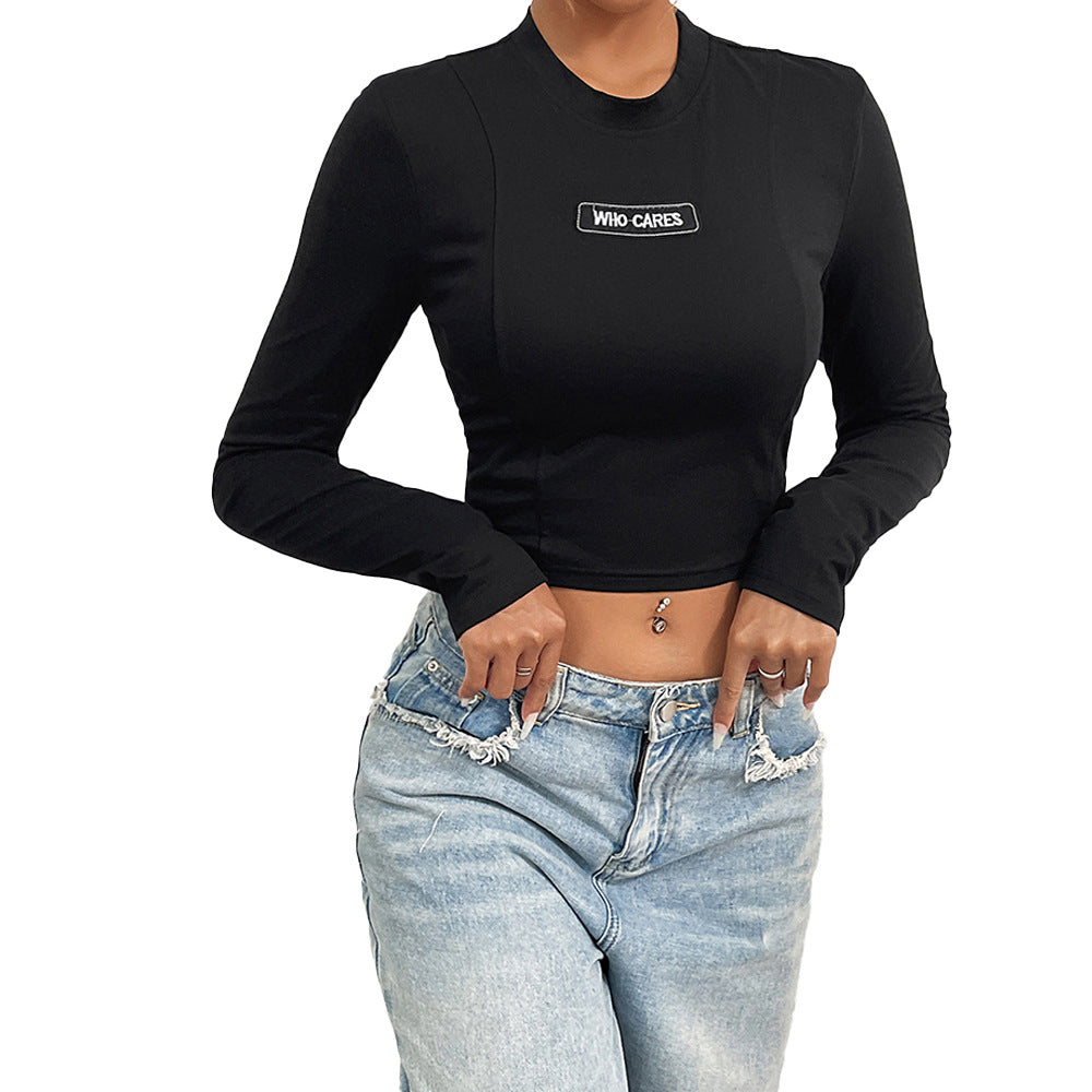 Damen Cropped Langarmshirt mit Aufdruck Dunkelblau