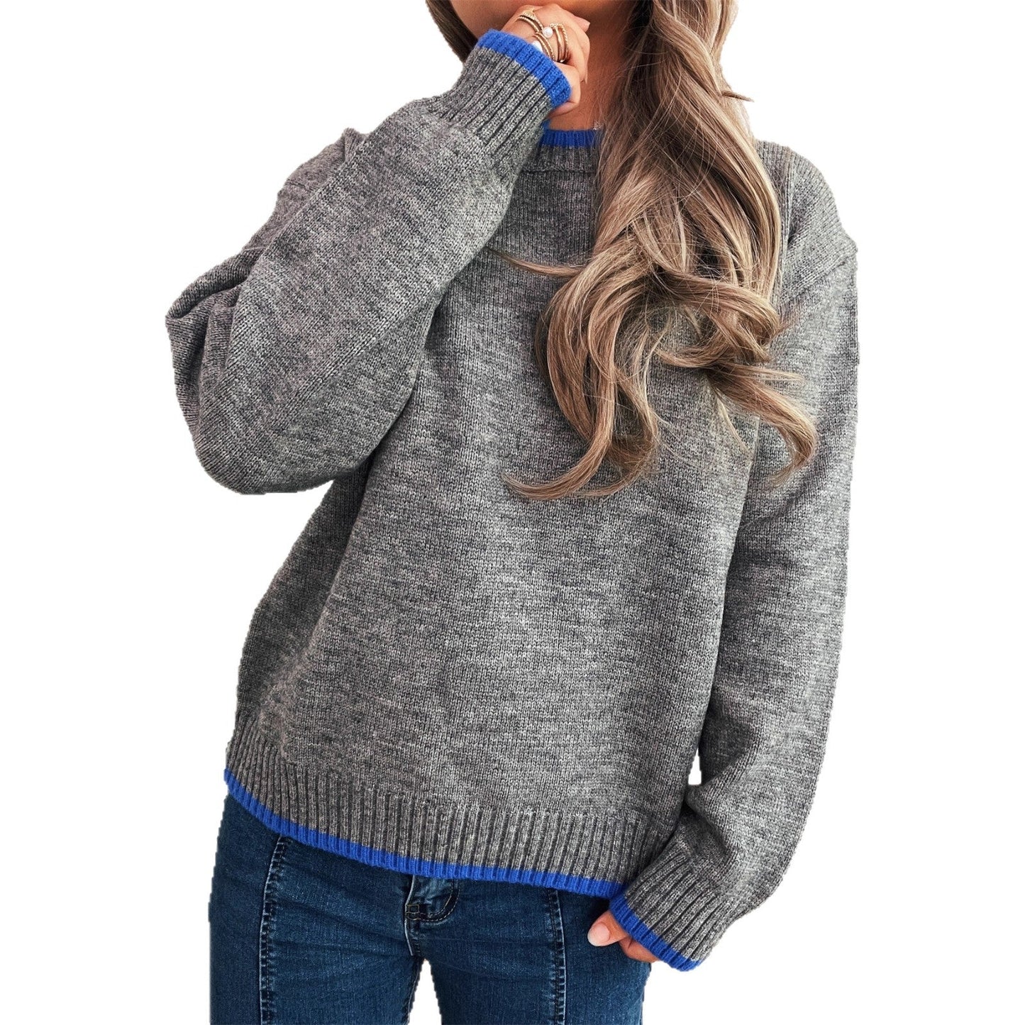 Damen Pullover Lässiger Stehkragen Rippdetails Grau