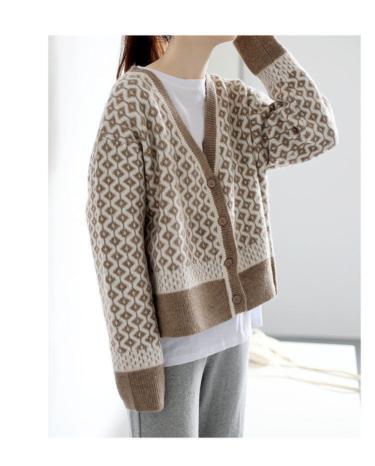 Damen Strickjacke Geometrisches Muster Knöpfe Beige