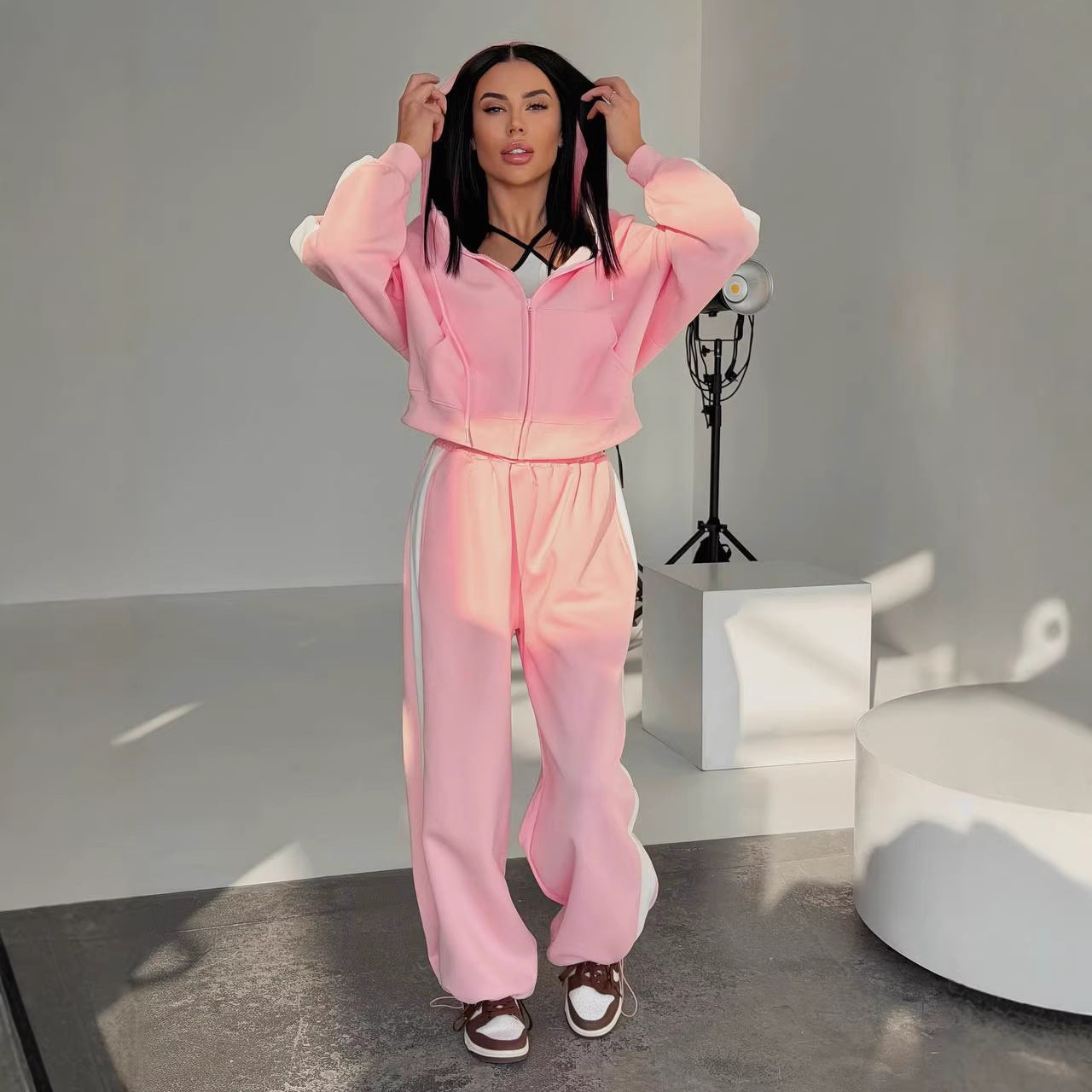 Damen Sportset Hoodie Jogginghose Bequem Grau Eveloria