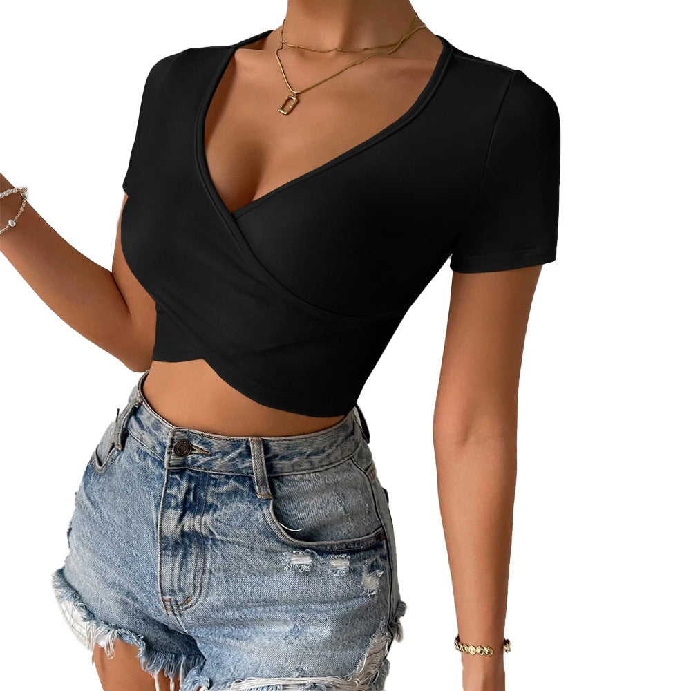 Damen T-Shirt V-Ausschnitt Wickeldesign Cropped Eveloria
