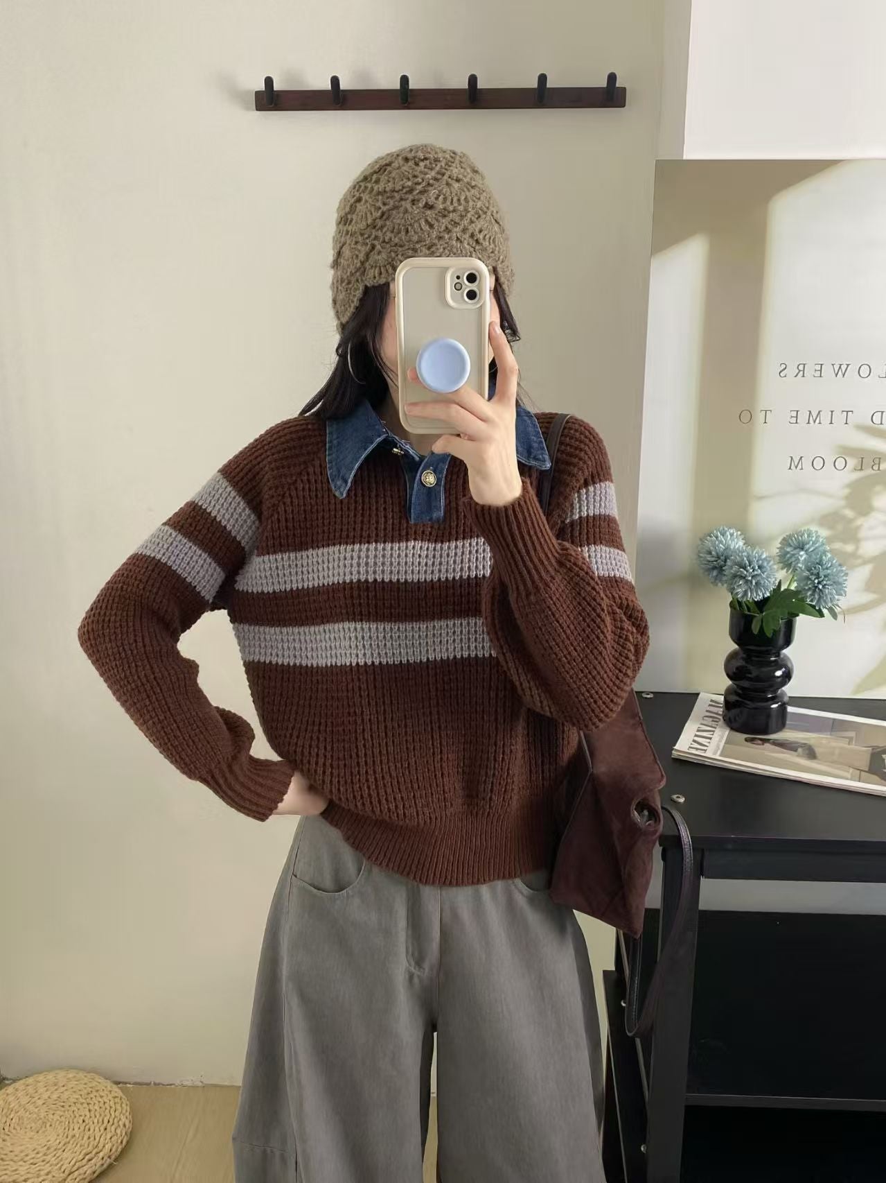Damen Strickpullover Kragen Gestreift Eveloria