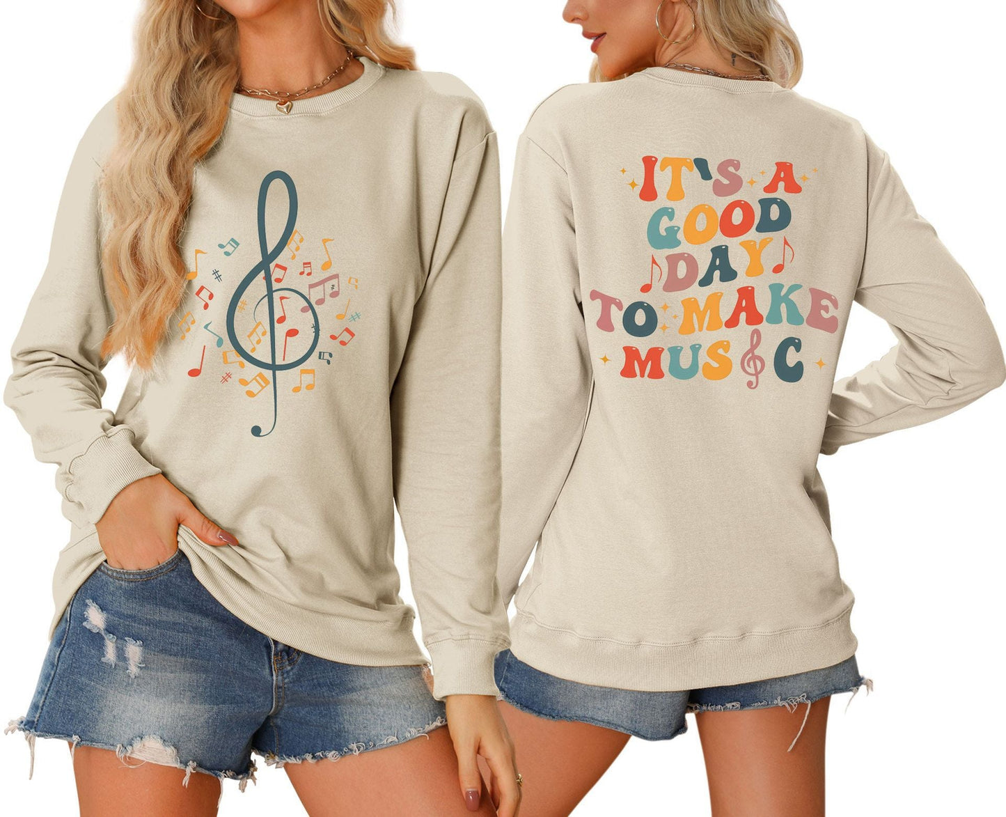 Damen Sweatshirt Musikalisches Motiv Kreativer Schriftzug Grau