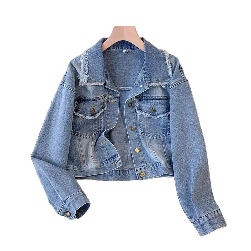 Damen Cropped Denimjacke Fransen Knöpfe Blau