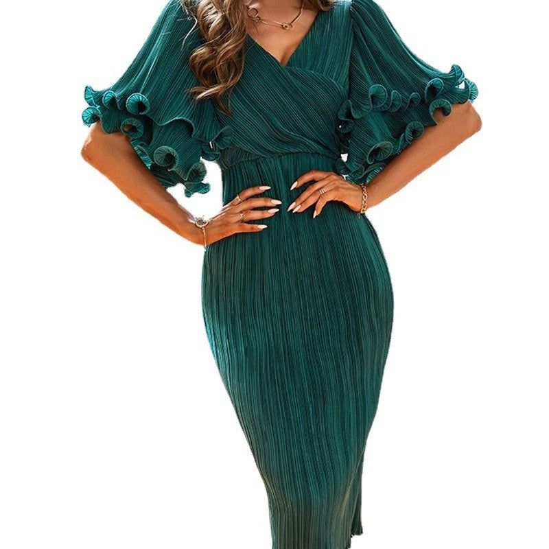 Damen Plisseekleid Voluminöse Rüscheärmel Eveloria