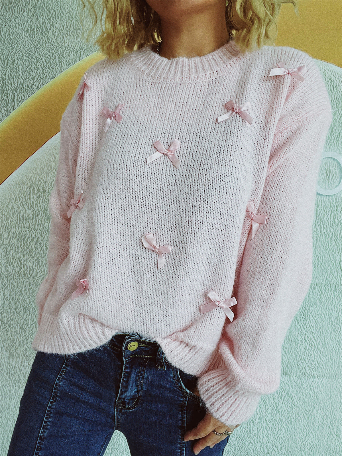 Damen Strickpullover mit Schleifenapplikationen