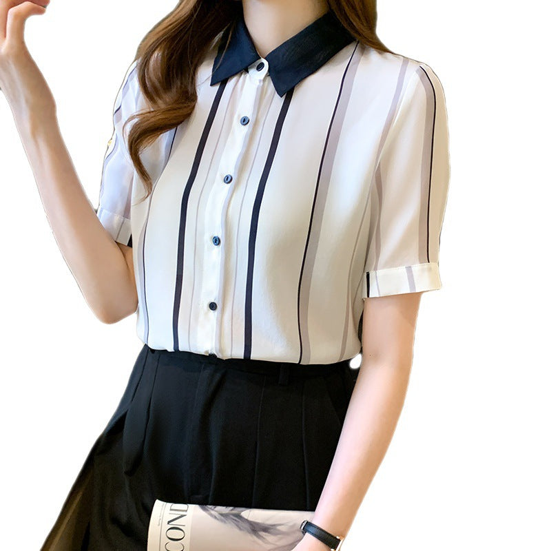 Damen Bluse Kurzarm Streifenmuster Eleganter Kragen Weiß