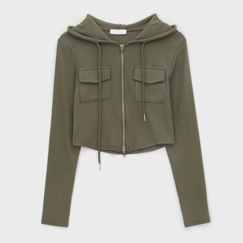 Damen Cropped Freizeitjacke Reißverschluss Kapuze Eveloria