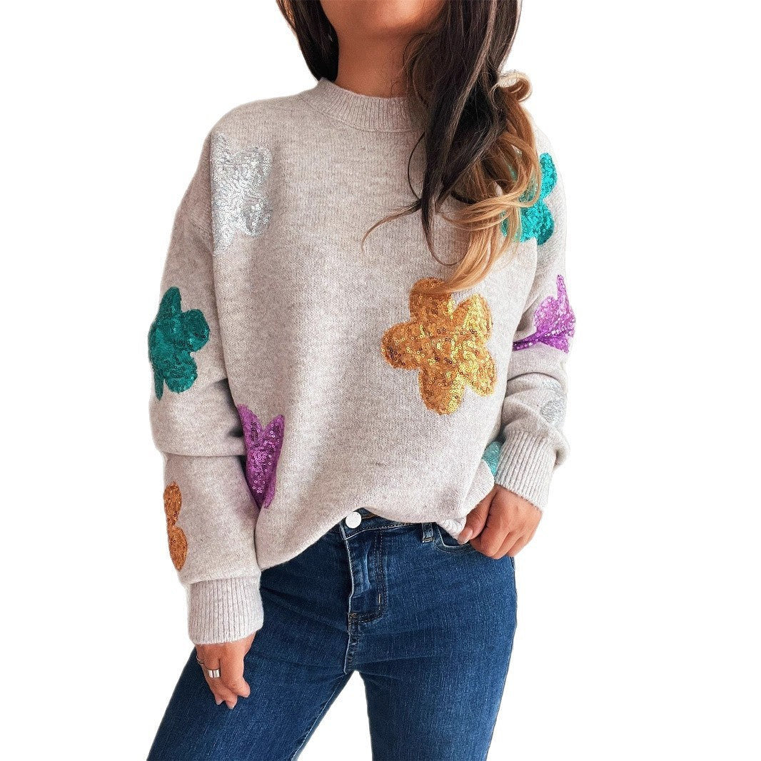 Damen Pullover Bunte Paillettenblumen Eveloria