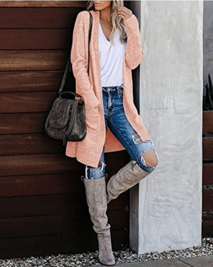 Damen Grobstrick Cardigan Lässig Mit Taschen Beige