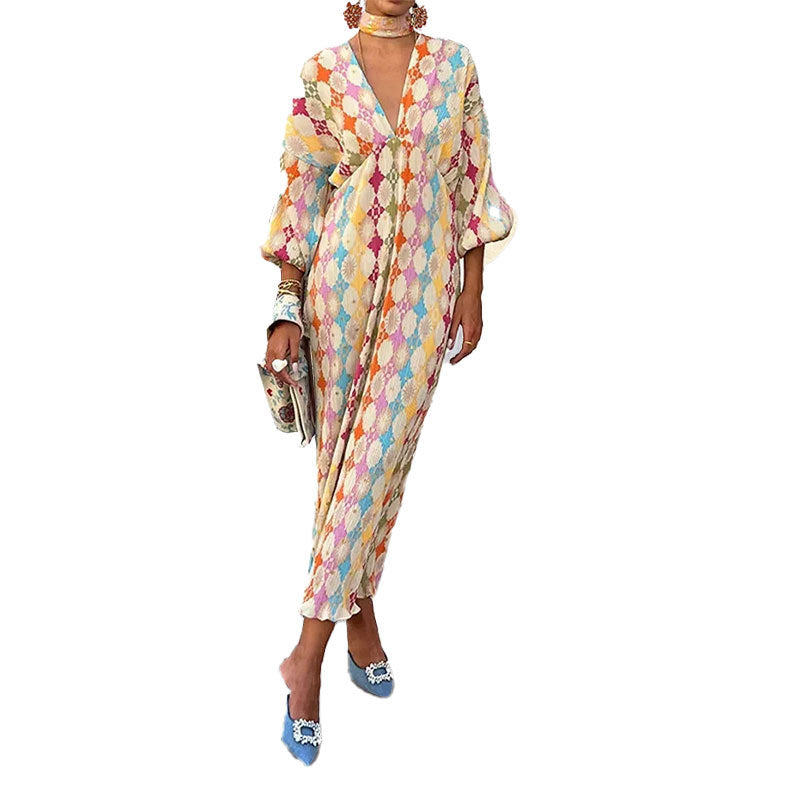 Damen Maxikleid mit geometrischen Mustern Voluminöse Ärmel Eveloria