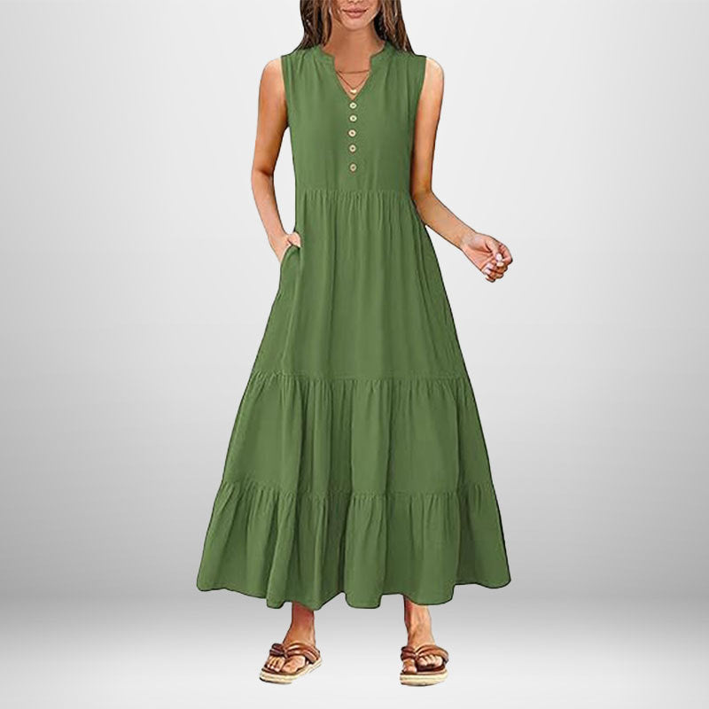 Damen Maxikleid Knopfdetail Seitentaschen Eveloria