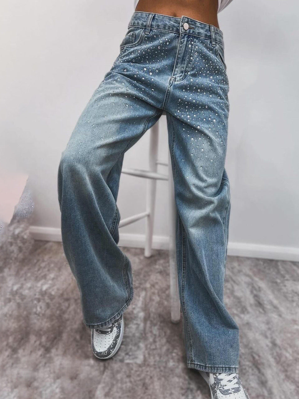 Damen High-Waist Jeans Elegant mit Glitzerdetails