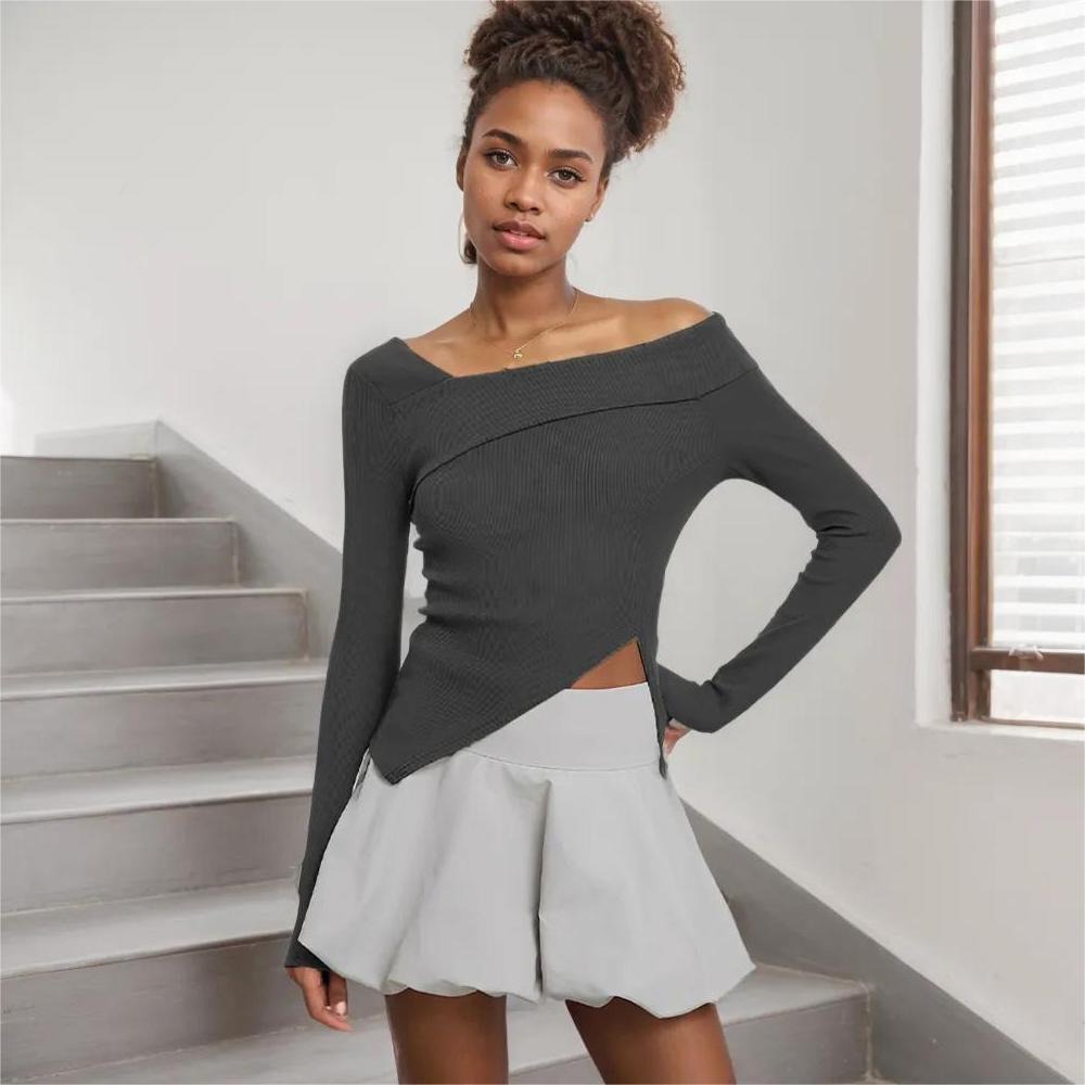 Damen Langarmshirt Asymmetrisch Wickeldesign Elegantes Design - Eveloria