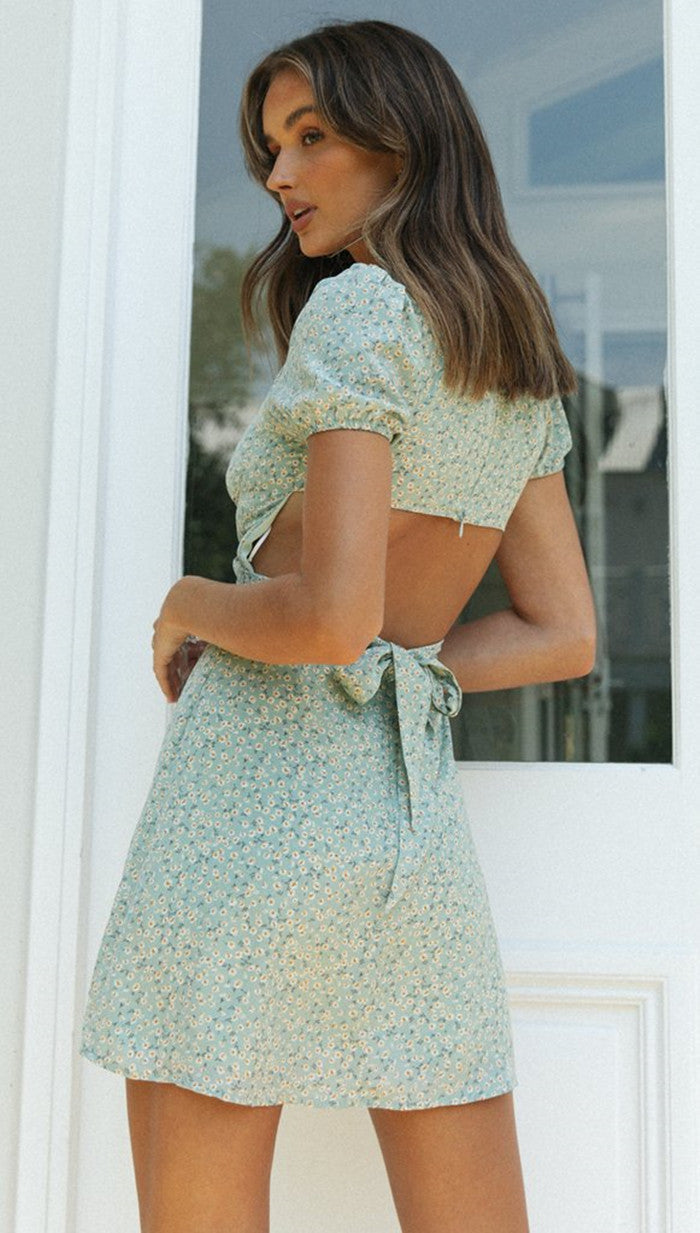 Damen Sommerkleid Romantischer Rückenausschnitt Puffärmel Kurz