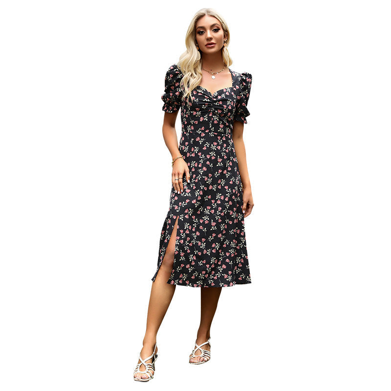 Damen Midikleid Floralmuster Voluminöse Ärmel Eveloria