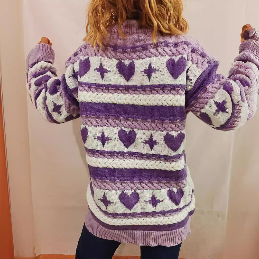 Damen Pullover Herzförmiges Muster Breite Streifen Grobgestrickt