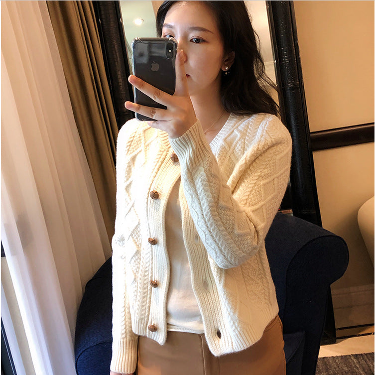Damen Grobstrickjacke Zopfmuster Dekorative Knöpfe Beige
