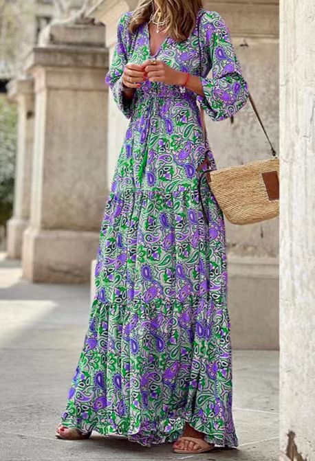 Damen Maxi-Kleid Florales Muster V-Ausschnitt Eveloria