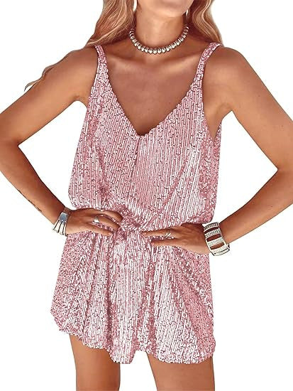 Damen Glitzer Jumpsuit V-Ausschnitt Elastisch Eveloria
