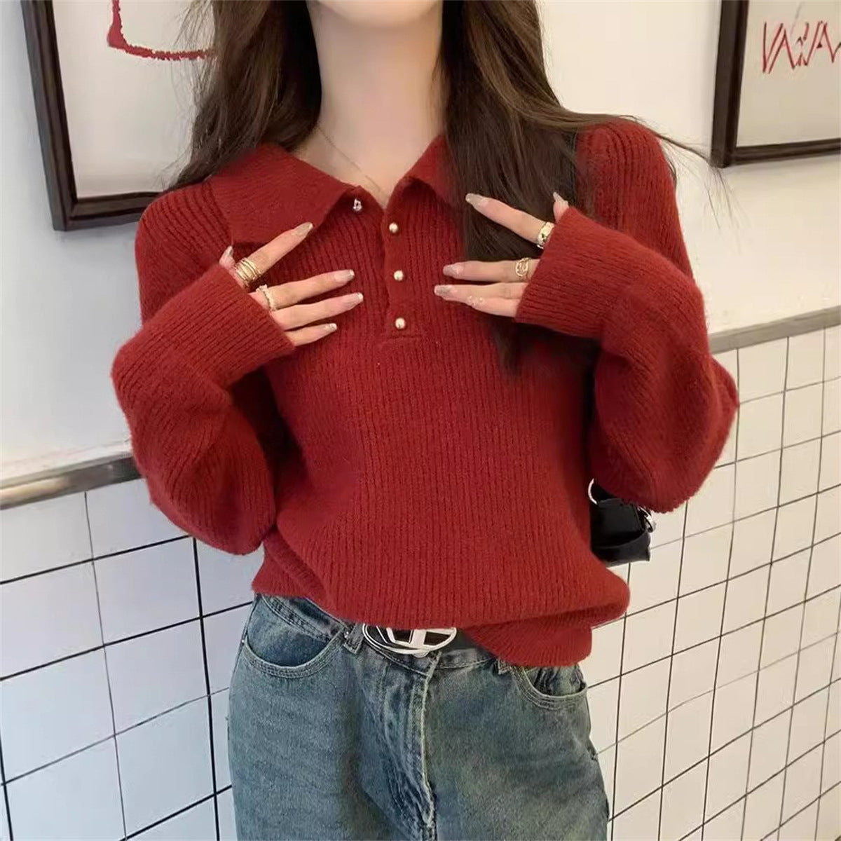 Damen Pullover mit Polokragen Weiches Strickmaterial Beige