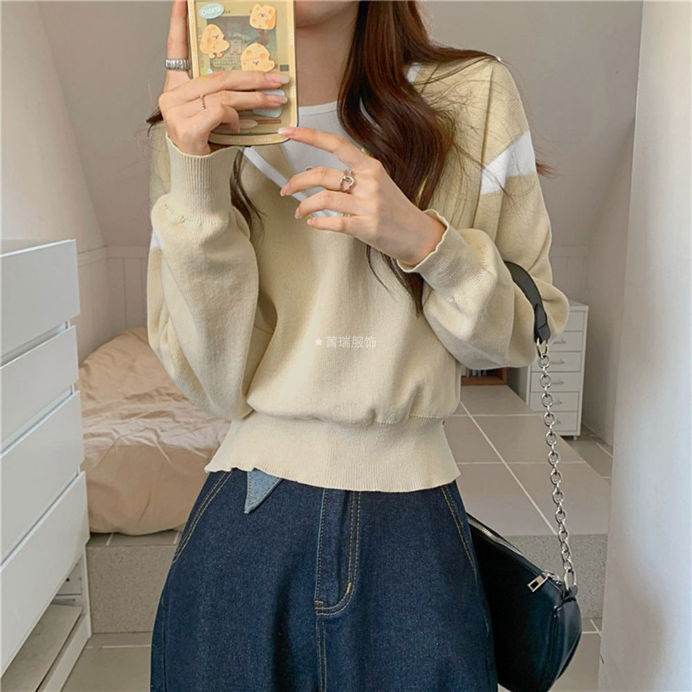 Damen Pullover V-Ausschnitt Oversized Baumwolle Beige