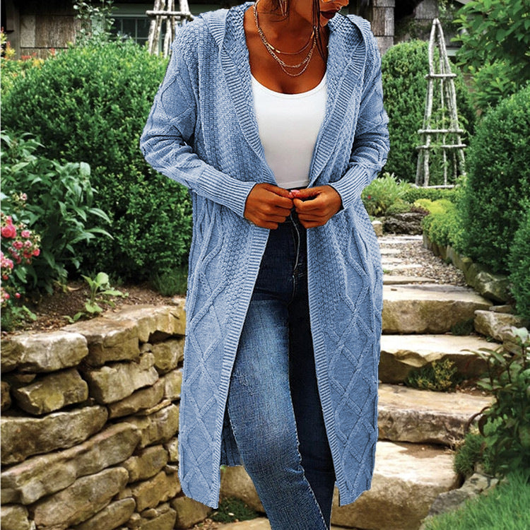Damen Strickcardigan Lang Hochkragen Zopfmuster Beige