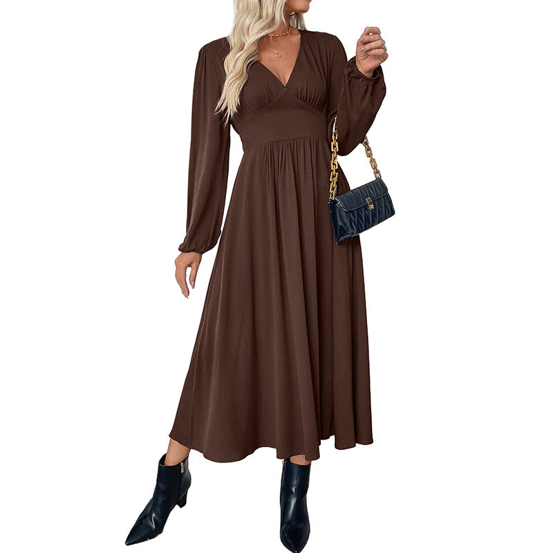 Damen Maxi-Kleid V-Ausschnitt Ballonärmel Eveloria