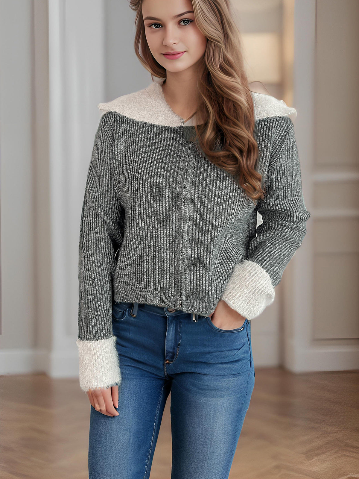 Damen Strickjacke mit Reißverschluss und Puffärmeln Eveloria