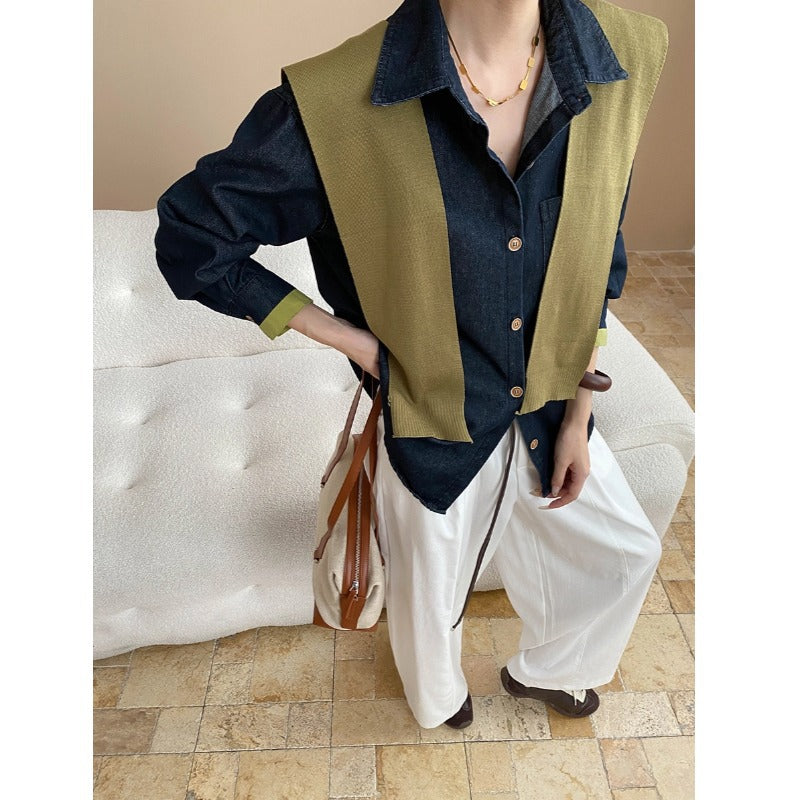 Damen Bluse Klassisch Mit Pullover-Einsatz