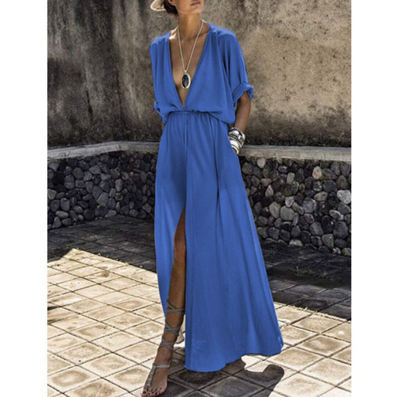 Damen Maxikleid V-Ausschnitt Raffierter Schlitz Eveloria