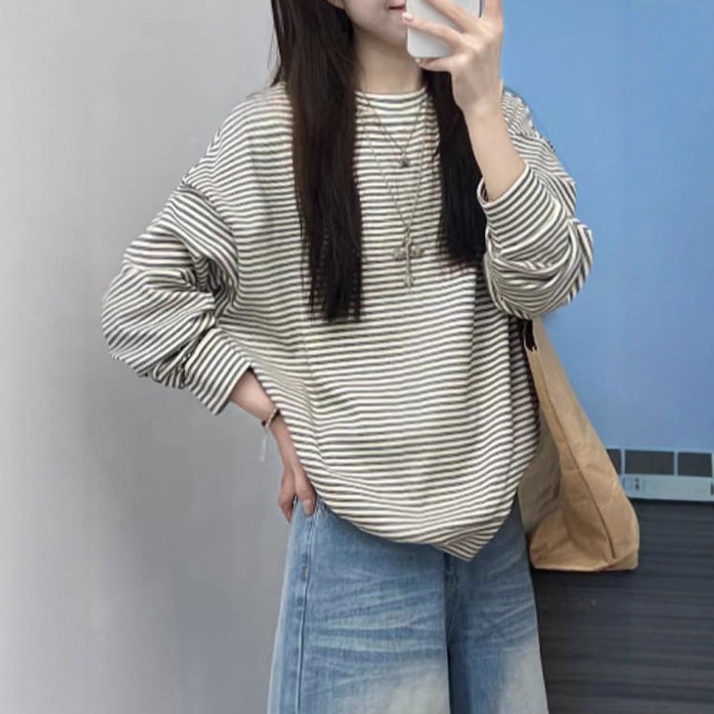 Damen Langarmshirt Streifen Baumwolle Relaxed Fit