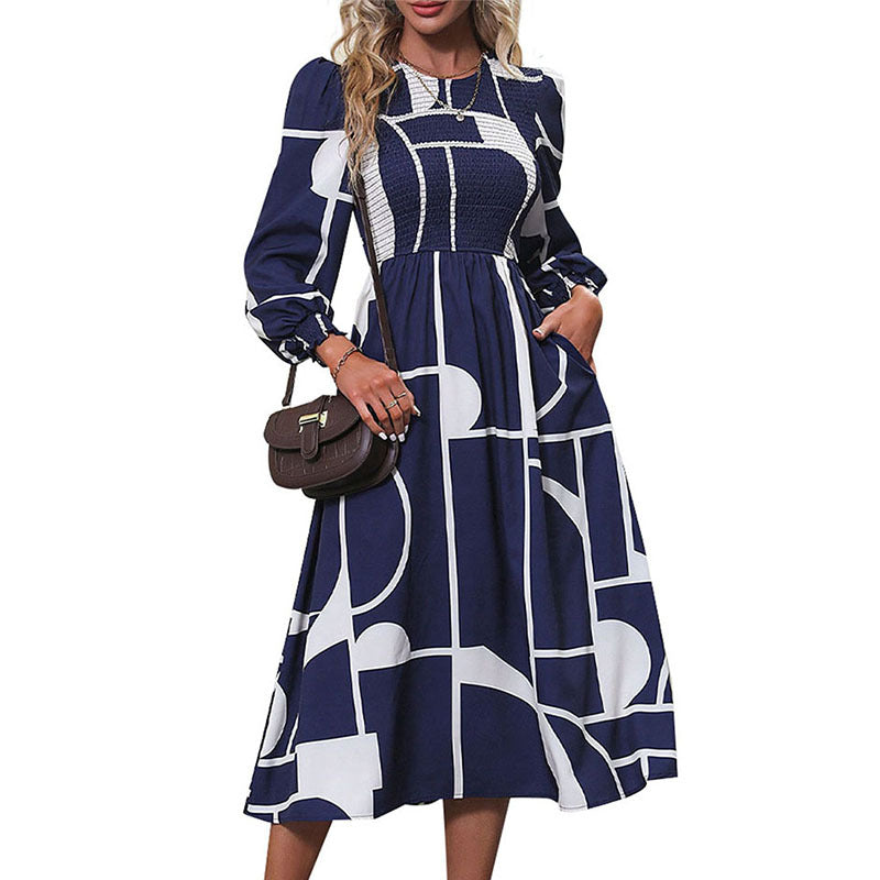 Damen Midi-Kleid Geometrisches Muster Eleganter Schnitt Eveloria